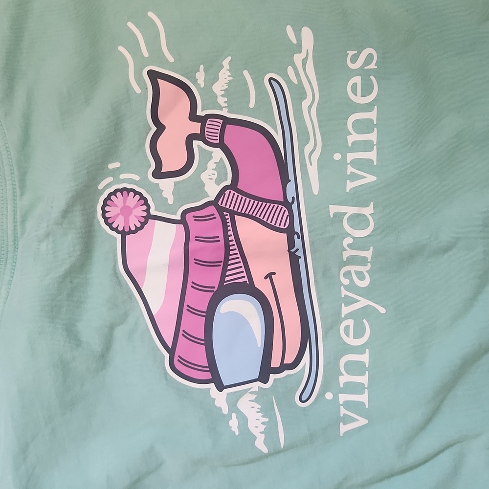 VINEYARD VINES snowboard tee L girls aqua+pink whale ski snow goggles t-shirt